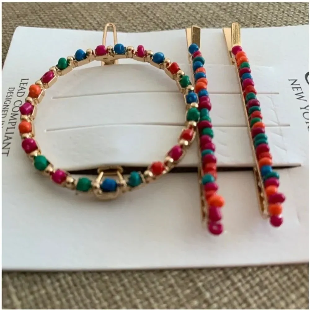 Colorful Seed Bead Circle hair pins clips boho bohemian hippie fairy cottagecore